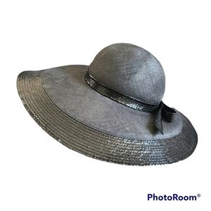 Adolfo II Vintage Black Woven Wide Brim Hat With Bow On Back